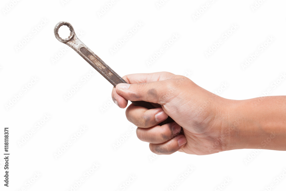 hand holding a spanner isolated on a white background hand holding a spanner isolated on a white background