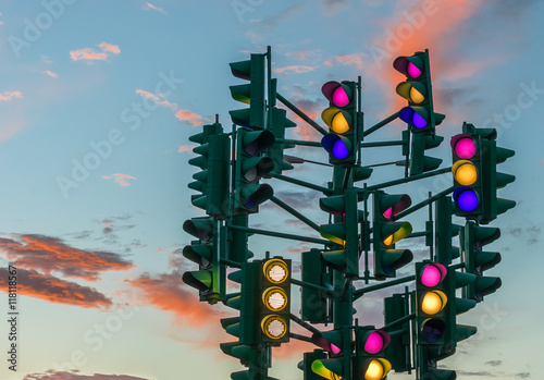 Decorative traffic lights at dawn
