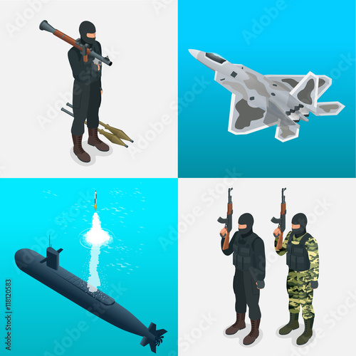 Isometric icons submarine, aircraft, tanks, soldiers. Flat 3d high quality military vehicles machinery transport.