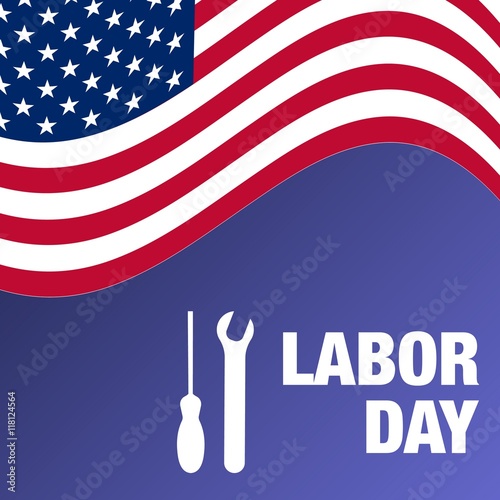 vector illustration wth labor day lettering,  usa flag  and building tools background