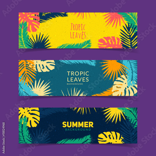 Summer banners set. Colorful tropic leaves composition. Eps10 vector illustration.