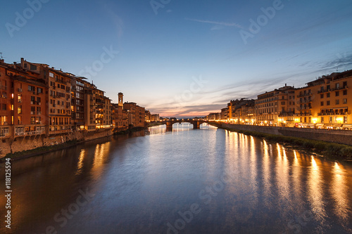 Sunset in Florence, Tuscany, Italy. Scenic view of the citi from the bridges over Arno river
