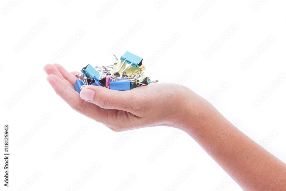 hand holding colorful paper clips hand holding colorful paper clips