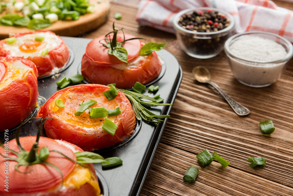 Stuffed baked tomatoes with eggs and green onion Stuffed baked tomatoes with eggs and green onion