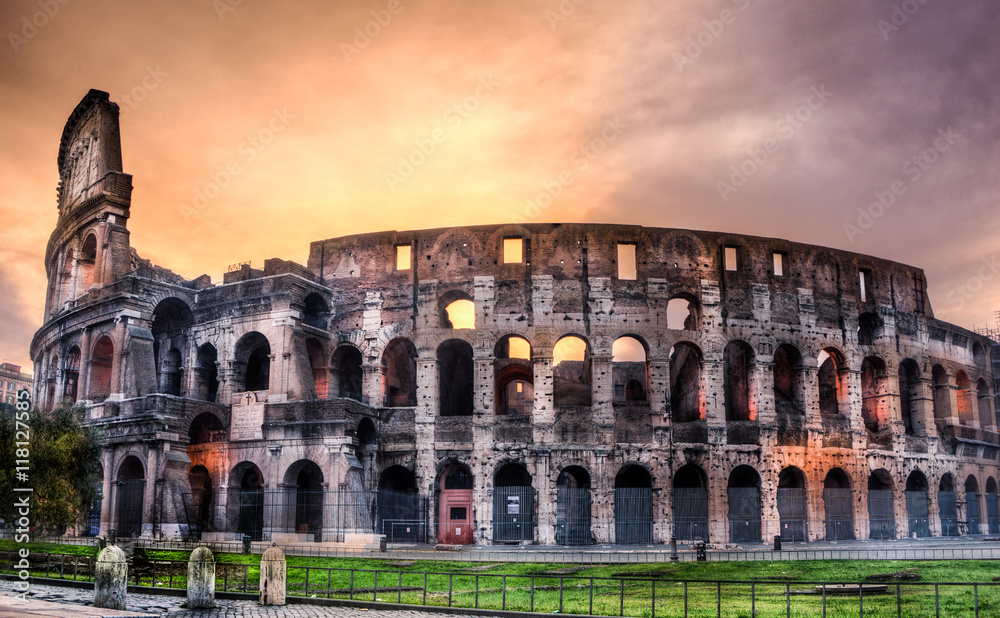 Great panoramic view Colosseum on sunrise, Rome, Italy, Europe