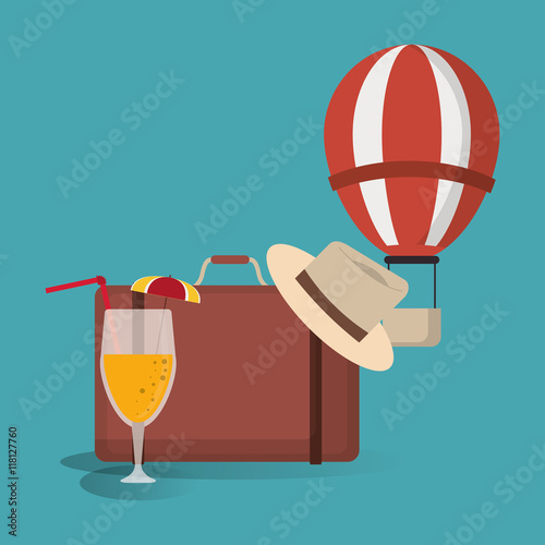 hot air balloon suitcase hat cocktail vacation summer travel tourism icon, vector illustration
