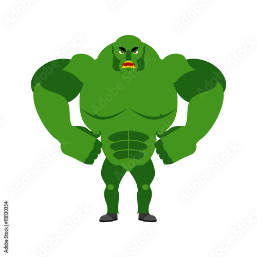 Angry ogre. Aggressive Green Troll on white background. Wild evi