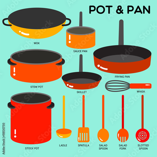 POT&PAN
Cook ware set with pots, pans, wok and utensils in simple style with colors.