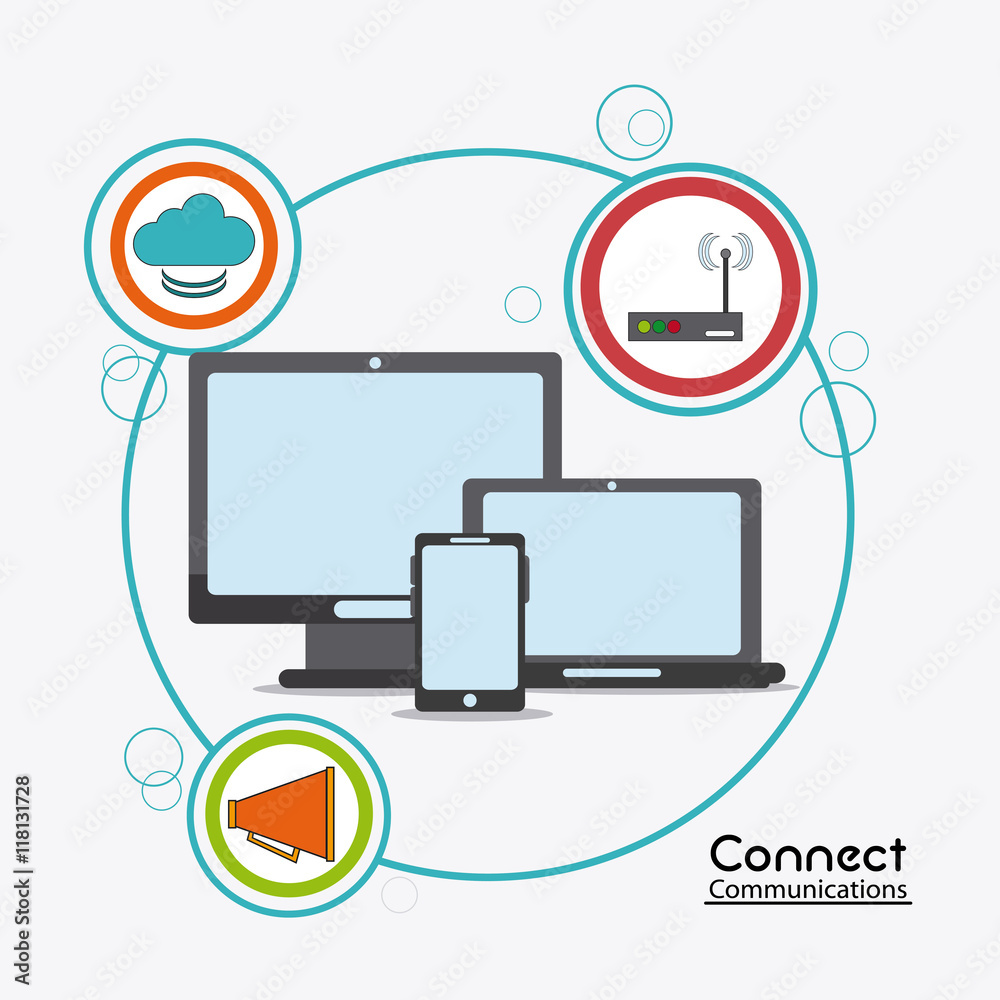 computer laptop smartphone cloud wifi megaphone connect communications social network icon. colorful illustration computer laptop smartphone cloud wifi megaphone connect communications social network icon. colorful illustration