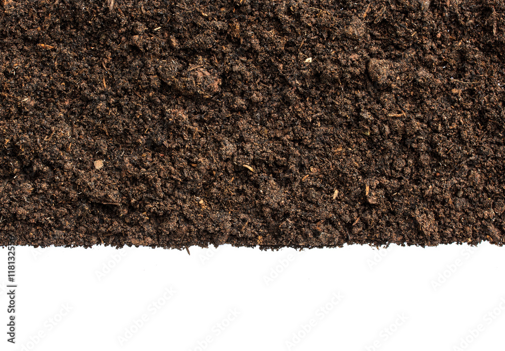 Dark Soil on White Background.Top View of a soil. Close Up Macro Dark Soil on White Background.Top View of a soil. Close Up Macro