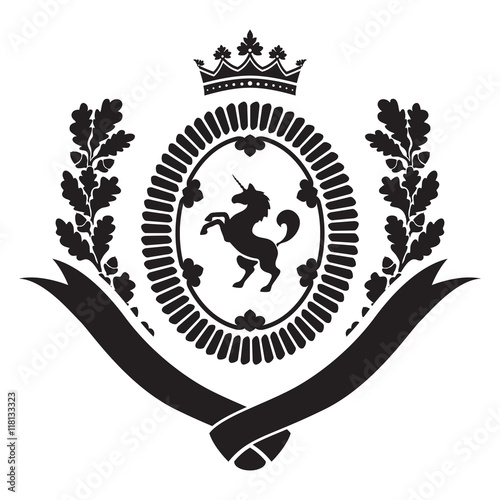 Coat of arms - shield with oak wreath. Standing unicorn. Crown at the top. Based on and inspired by old heraldry.