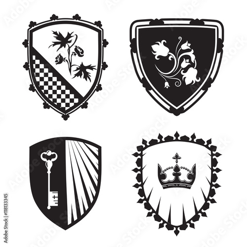 Coat of arms - shield with crown, key, flowers.