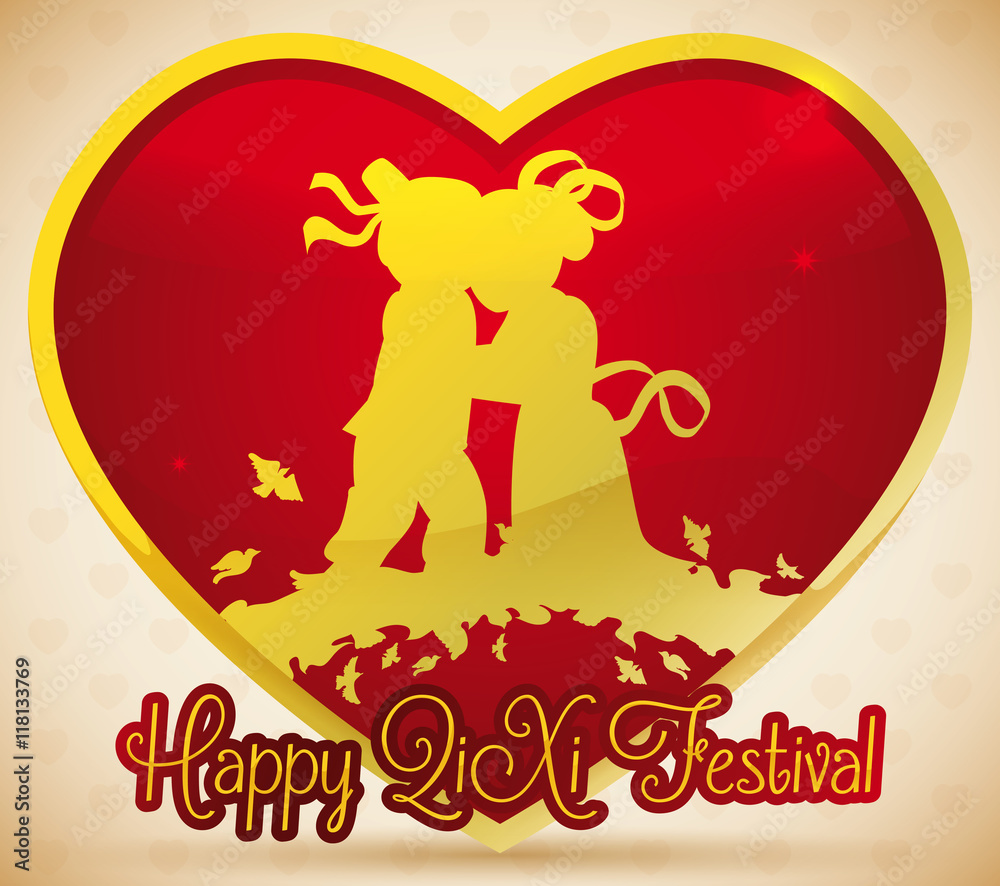 Fototapeta premium Golden Heart with Couple Silhouette Celebrating Qixi Festival, Vector Illustration