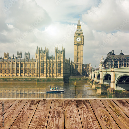 Empty wooden table over London Big Ben landmark