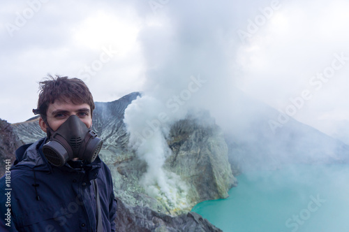 Man wearing a gas mask, Kawah Ijen volcano, Indonesia