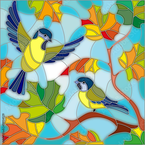 Illustration in stained glass style on the theme of autumn, two Tits in the sky and maple leaves