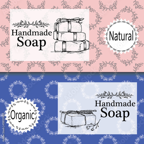 Vector set of seamless patterns, labels and logo design templates for hand made soap packaging and wrapping paper