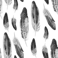 Papier peint photo Plumes aquarelles patrons Plumes noires aquarelle texture ethnique  © Natali_Mias