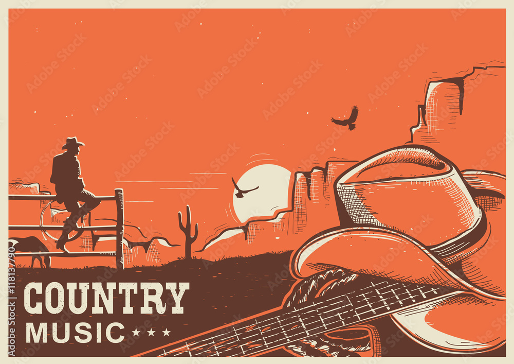 Fototapeta premium American country music poster with cowboy hat and guitar on land
