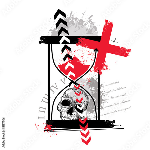Vector illustration with dotted skull, cross, abstract arrows, hourglass and blots in red and black isolated. Sketch for tattoo in Trash Polka and dotwork style. Creative trash design for tattoo.