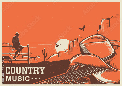 American country music poster with cowboy hat and guitar on land photo