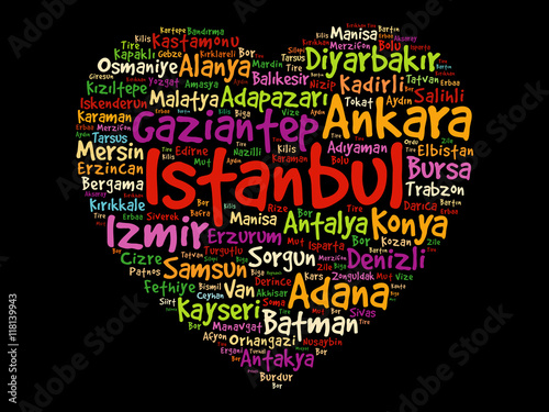 Heart word cloud with List of cities in Turkey, concept background photo