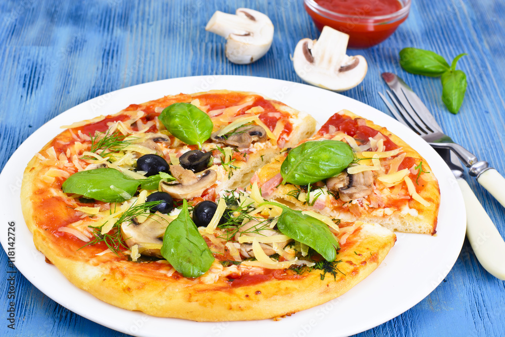 Pizza with Mushroom, Cheese, Mozzarella, Olives and Basil Pizza with Mushroom, Cheese, Mozzarella, Olives and Basil