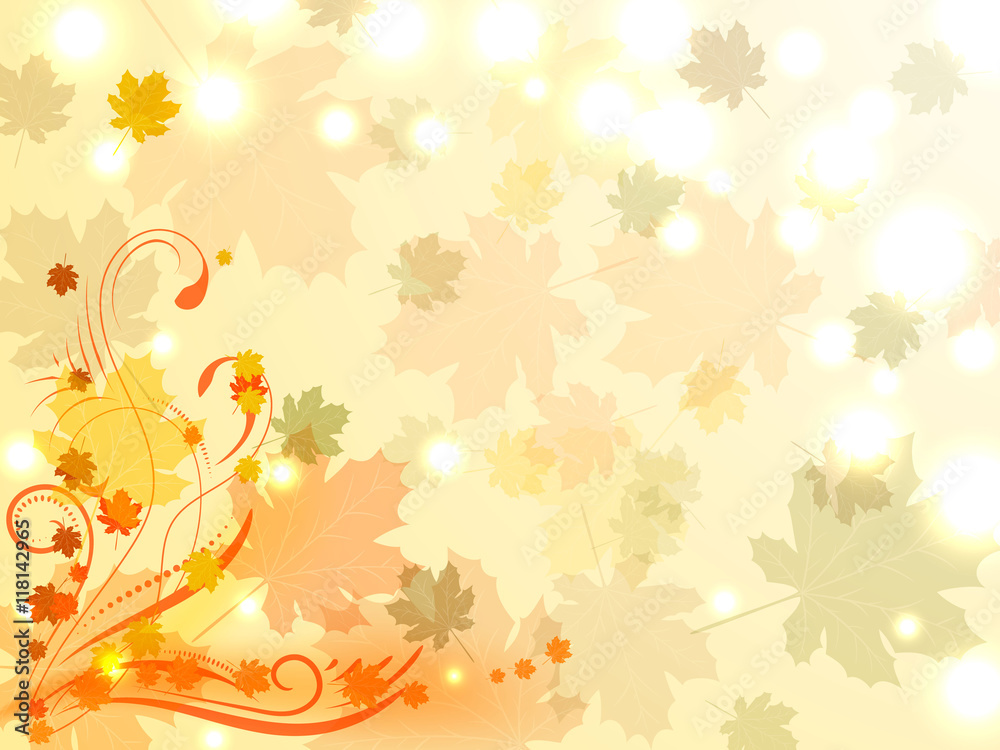 Autumn background with colorful maple leaves and floral ornament