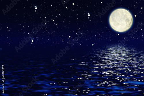 moon on a background star sky reflected in the sea. Elements of this image furnished by NASA