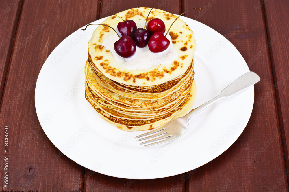 Tasty Pancakes with Cherry Stack