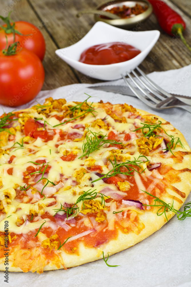 Pizza with Mushroom, Cheese, Mozzarella, Olives and Basil