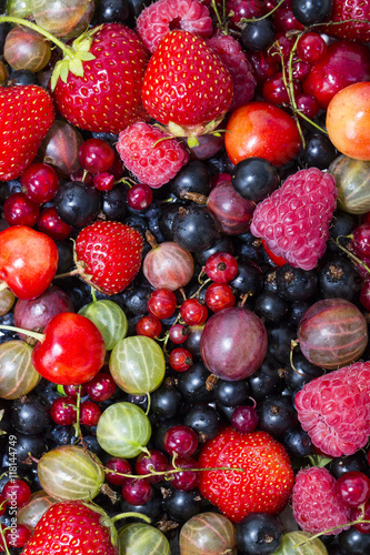 berry background with fresh raspberries, blueberries, currants, strawberries, cherries,
