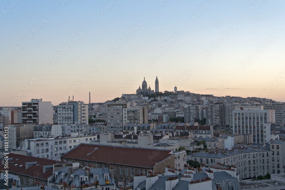 view in the evening of the Sacre Coeur in Montmartre Paris France