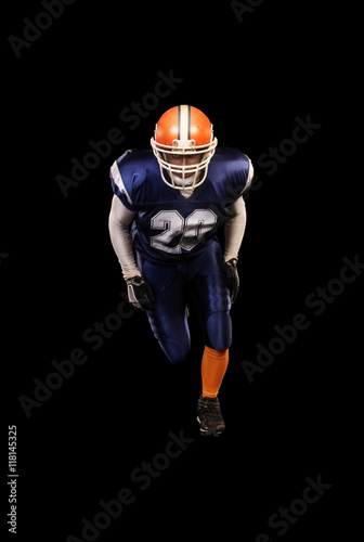 Professional american football player in blue uniform isolated