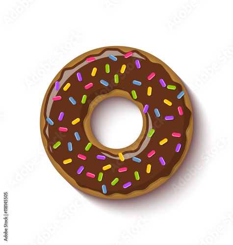 Ring shaped donut covered with chocolate flavoured brown icing and placed on white background