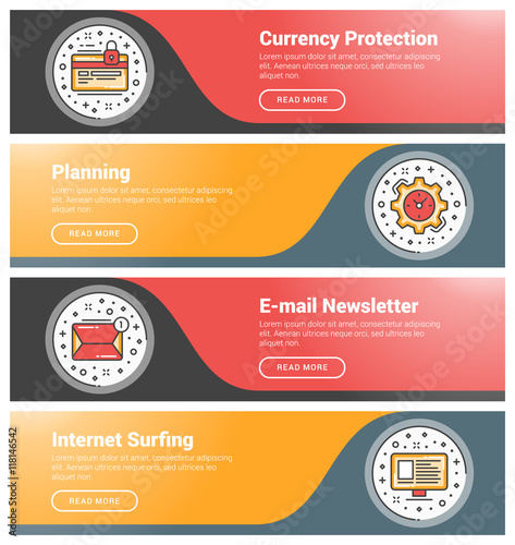 Flat design concept. Set of flat line business website banner templates. Template for wesite headers. Vector illustration. Modern thin line icons in circle. Currency Protection