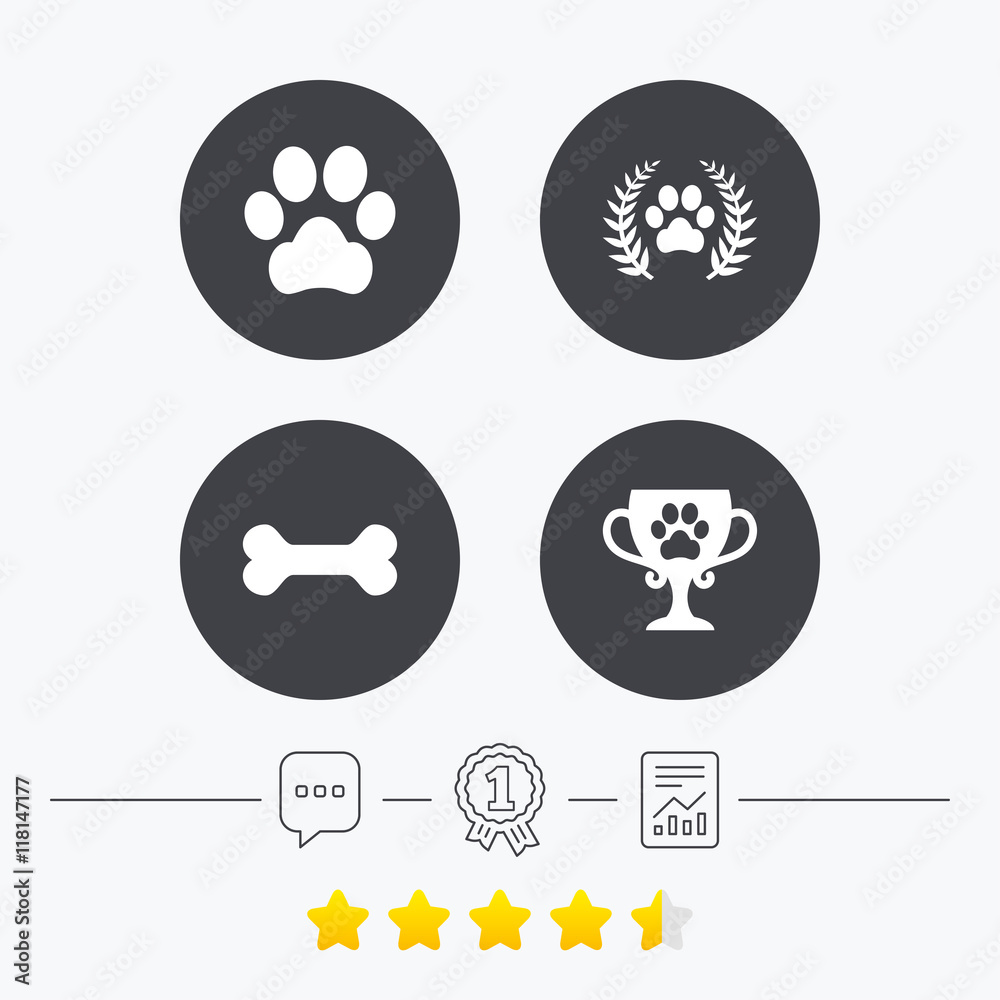 Pets icons. Dog paw sign. Winner laurel wreath.
