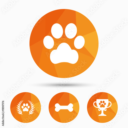 Pets icons. Dog paw sign. Winner laurel wreath.