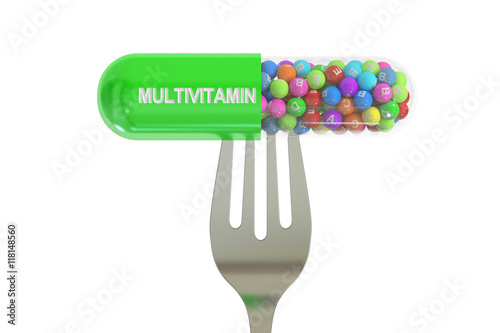 fork with multivitamin capsule, 3D rendering photo