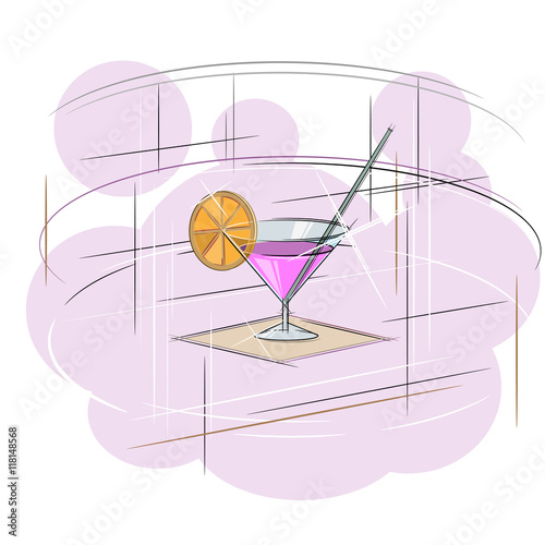 illustration depicting a cocktail with a slice of lemon standing on a napkin