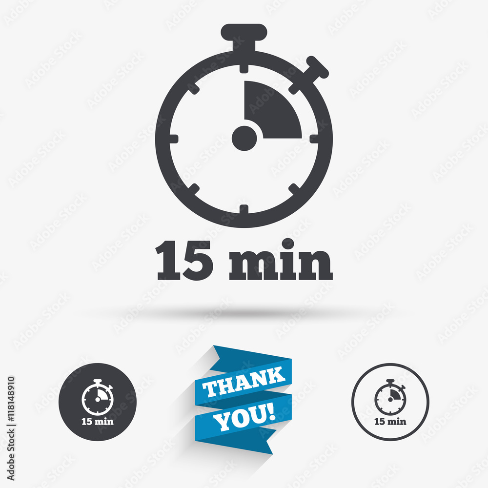 Timer sign icon. 15 minutes stopwatch symbol. Timer sign icon. 15 minutes stopwatch symbol.