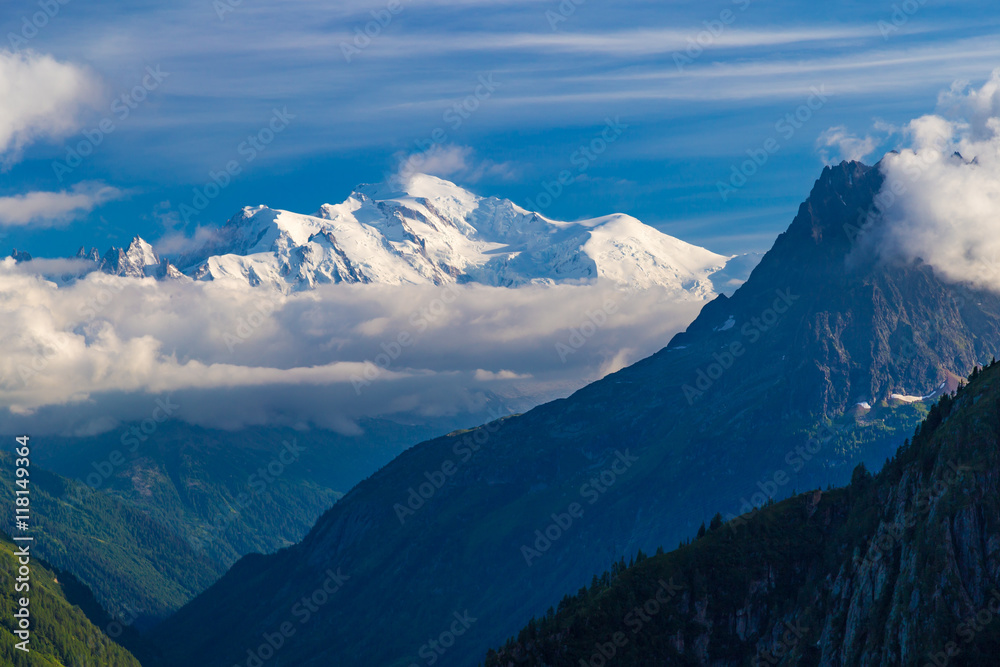 View of the Mont-Blanc peak from Lac d'Emosson near Swiss Finhaut and French Chamonix cities View of the Mont-Blanc peak from Lac d'Emosson near Swiss Finhaut and French Chamonix cities