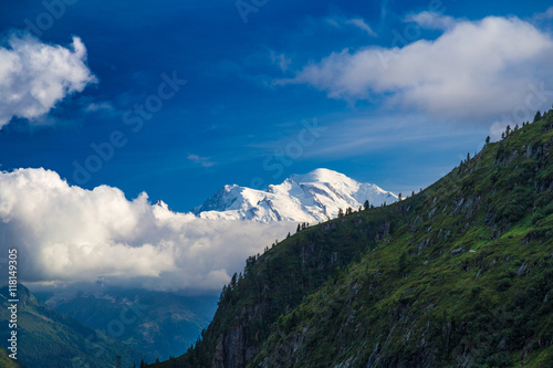 View of the Mont-Blanc peak from Lac d'Emosson near Swiss Finhaut and French Chamonix cities photo