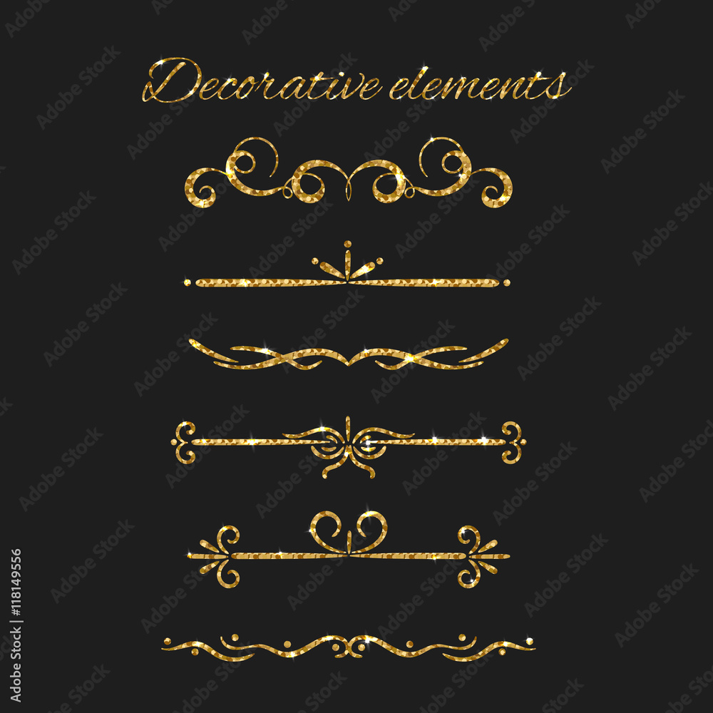 Gold text dividers set. Ornamental decorative elements. Vector ornate design. Golden flourishes. Shiny decorative hand drawn borders with glitter effect. Gold text dividers set. Ornamental decorative elements. Vector ornate design. Golden flourishes. Shiny decorative hand drawn borders with glitter effect.
