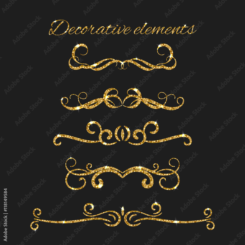 Gold text dividers set. Ornamental decorative elements. Vector ornate design. Golden flourishes. Shiny decorative hand drawn borders with glitter effect.