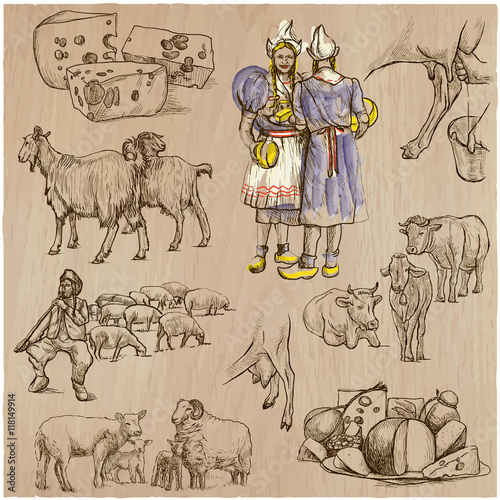 agriculture, Cheesemaking - hand drawn vector set.