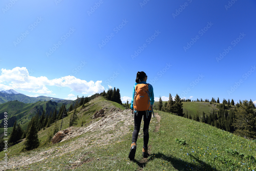 successful woman backpacker hiking on mountain peak