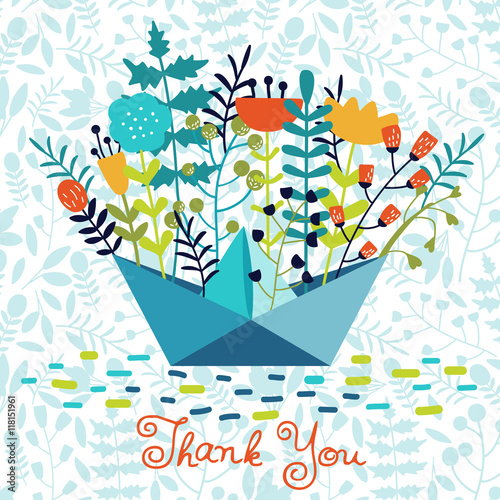 Cute card with flowers and paper ship