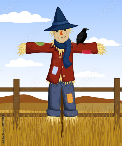 Vector illustration of a scarecrow against an autumn field background.