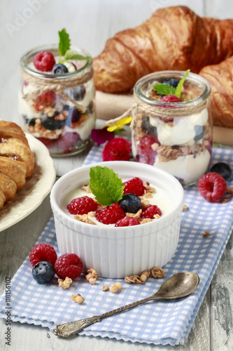 Breakfast table  bowl of yogurt with muesli and fresh fruits